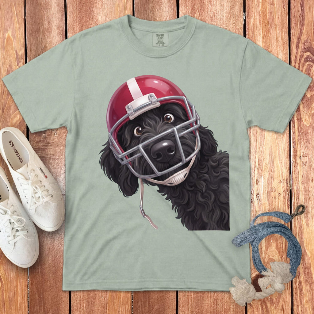 Black Goldendoodle Football Helmet Signature T-Shirt in Bay / S by Puppy Jo