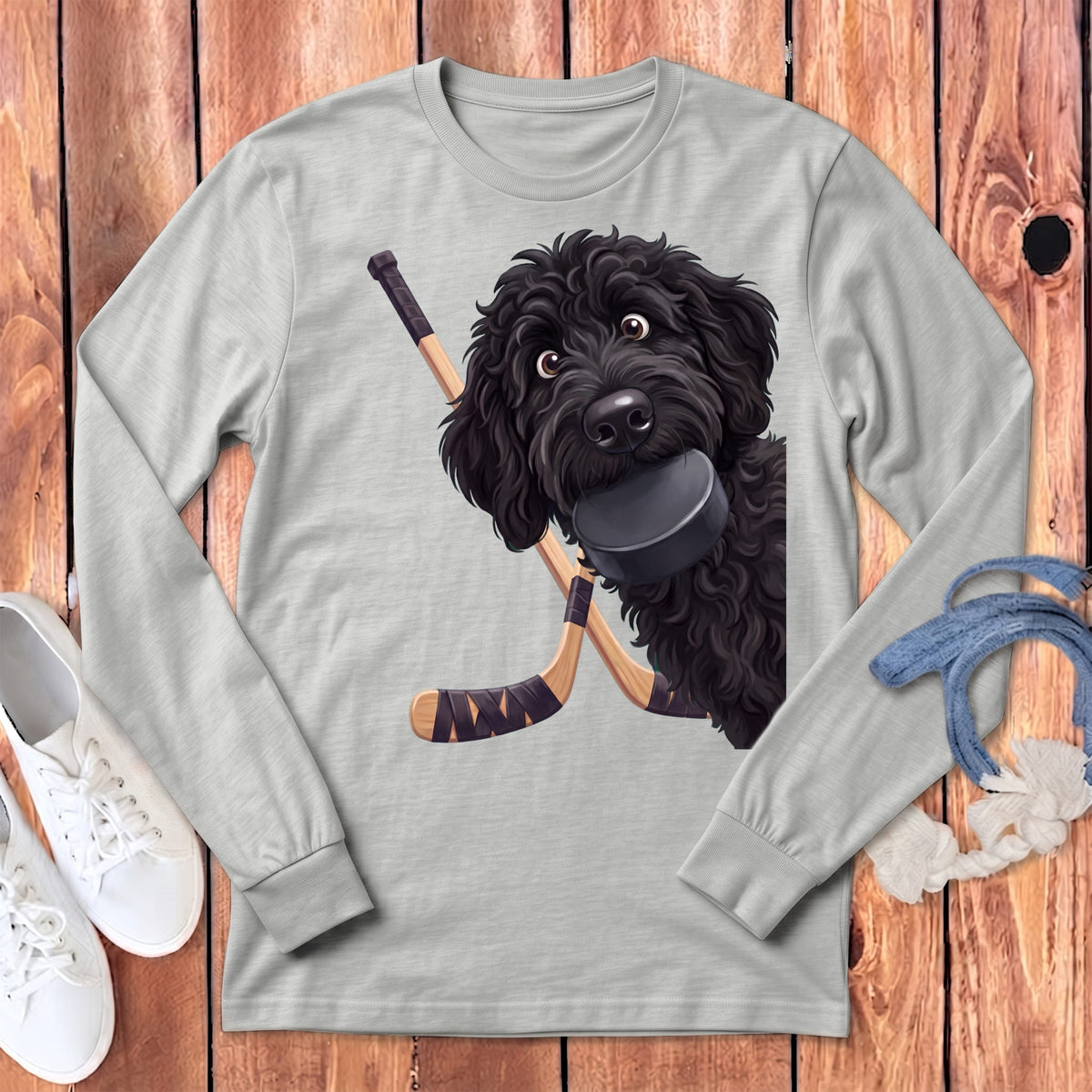 Black Goldendoodle Hockey Long Sleeve T-Shirt in Athletic Heather / S by Puppy Jo