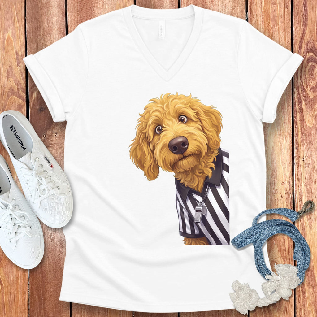 Golden Goldendoodle Football Referee V-Neck T-Shirt in White / S by Puppy Jo
