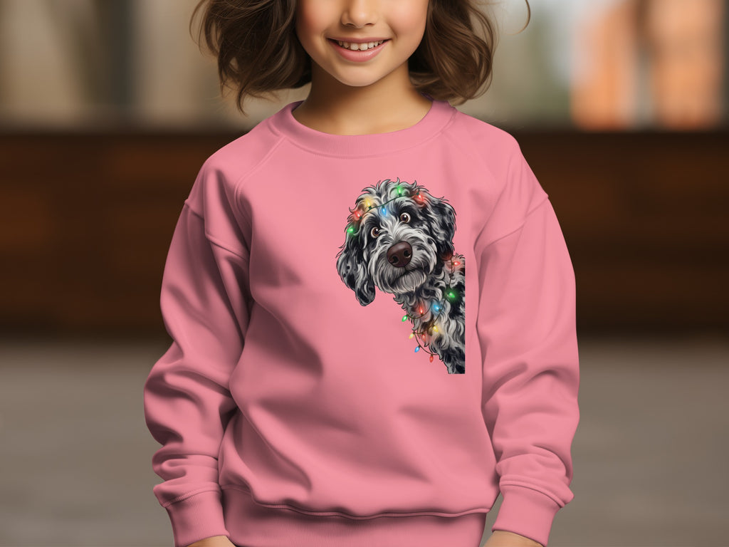 Pink sweatshirt featuring a dog's face with colorful Christmas lights.