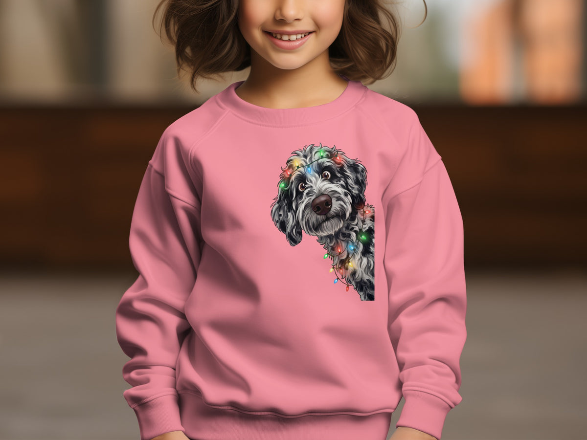 Pink sweatshirt featuring a dog's face with colorful Christmas lights.