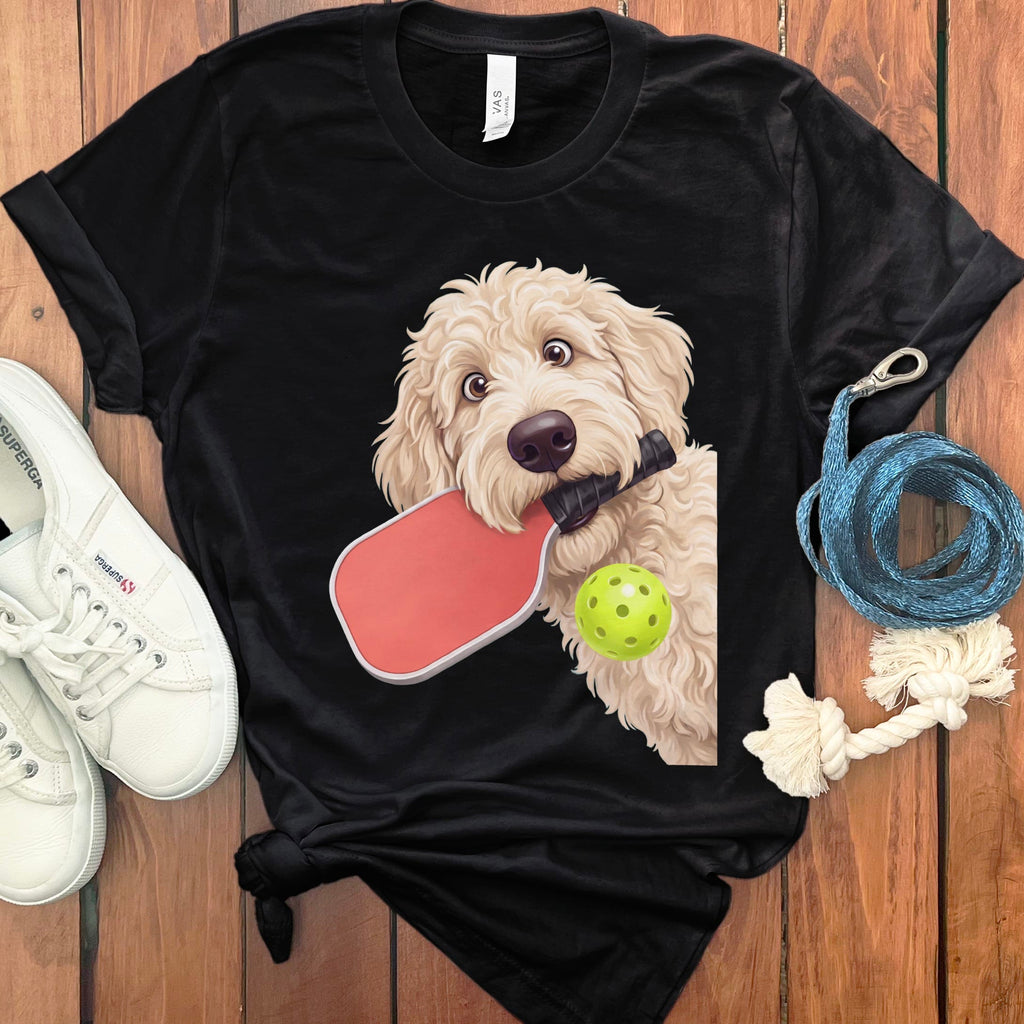 Cream Goldendoodle Pickleball T-Shirt in Black / S by Puppy Jo