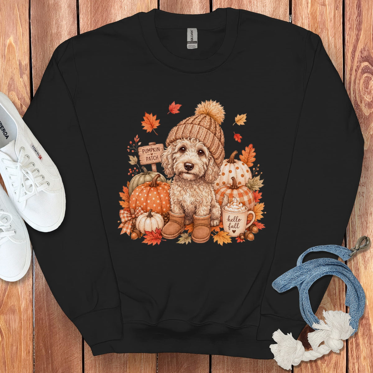Cream Goldendoodle Pumpkin Patch Sweatshirt in Black / S by Puppy Jo