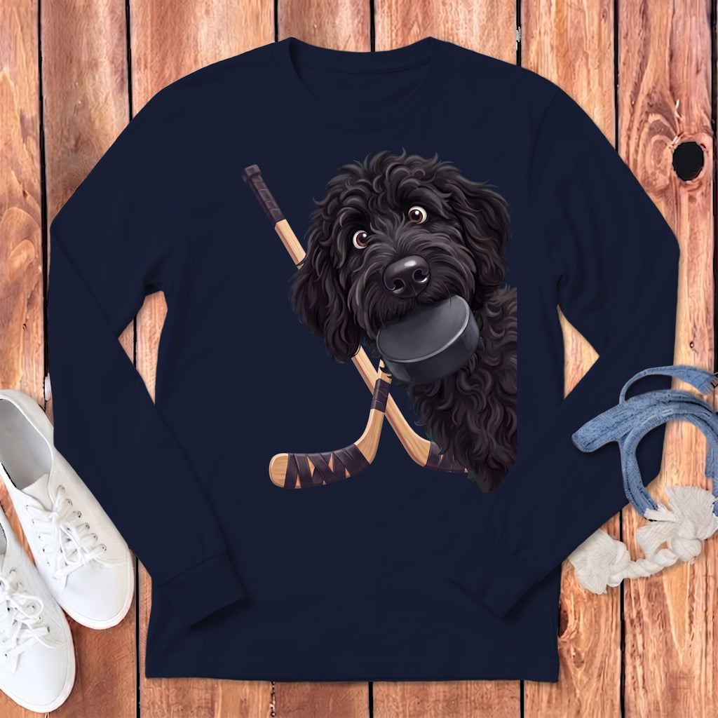 Black Goldendoodle Hockey Long Sleeve T-Shirt in Navy / S by Puppy Jo