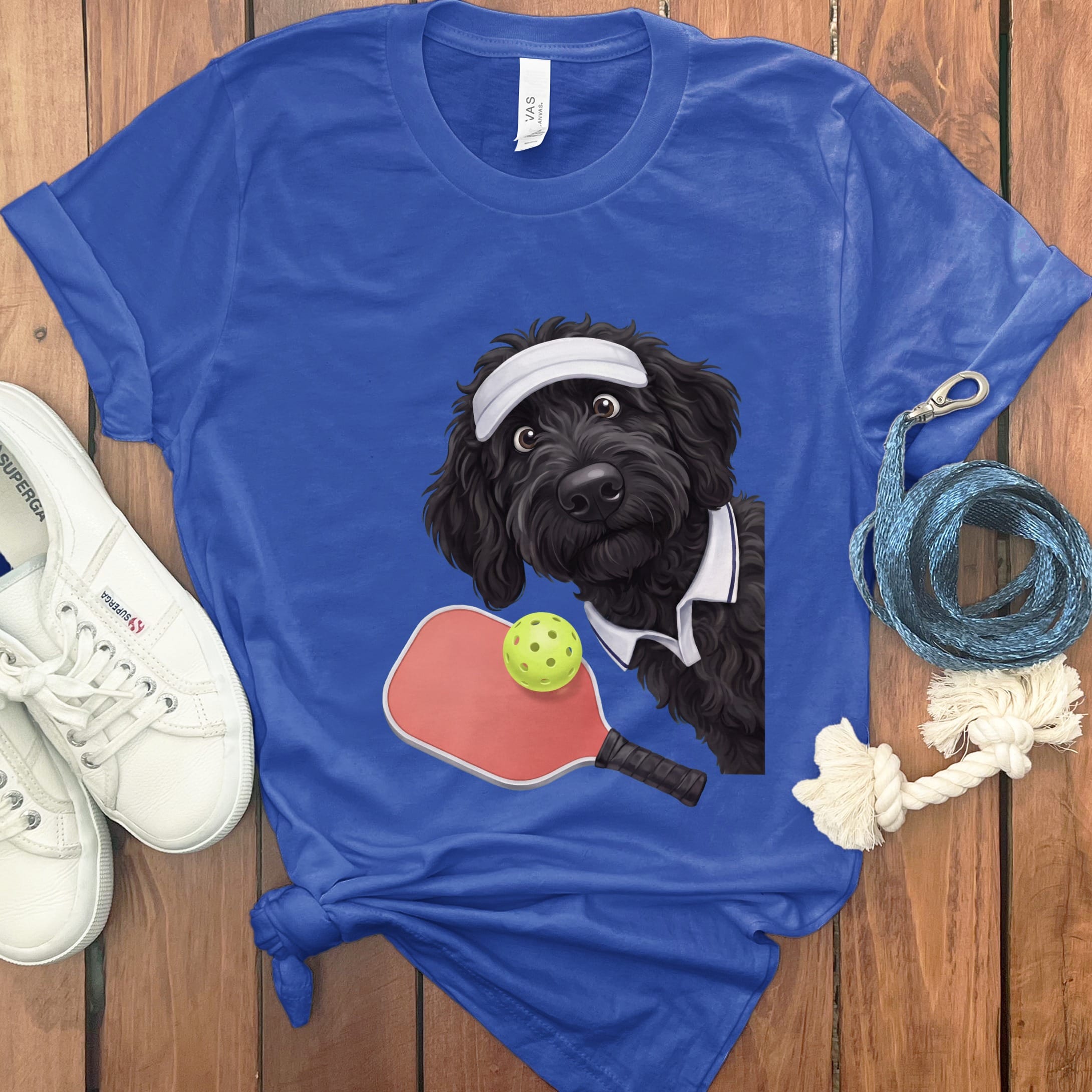 Black Goldendoodle Pickleball Player T-Shirt in True Royal / S by Puppy Jo