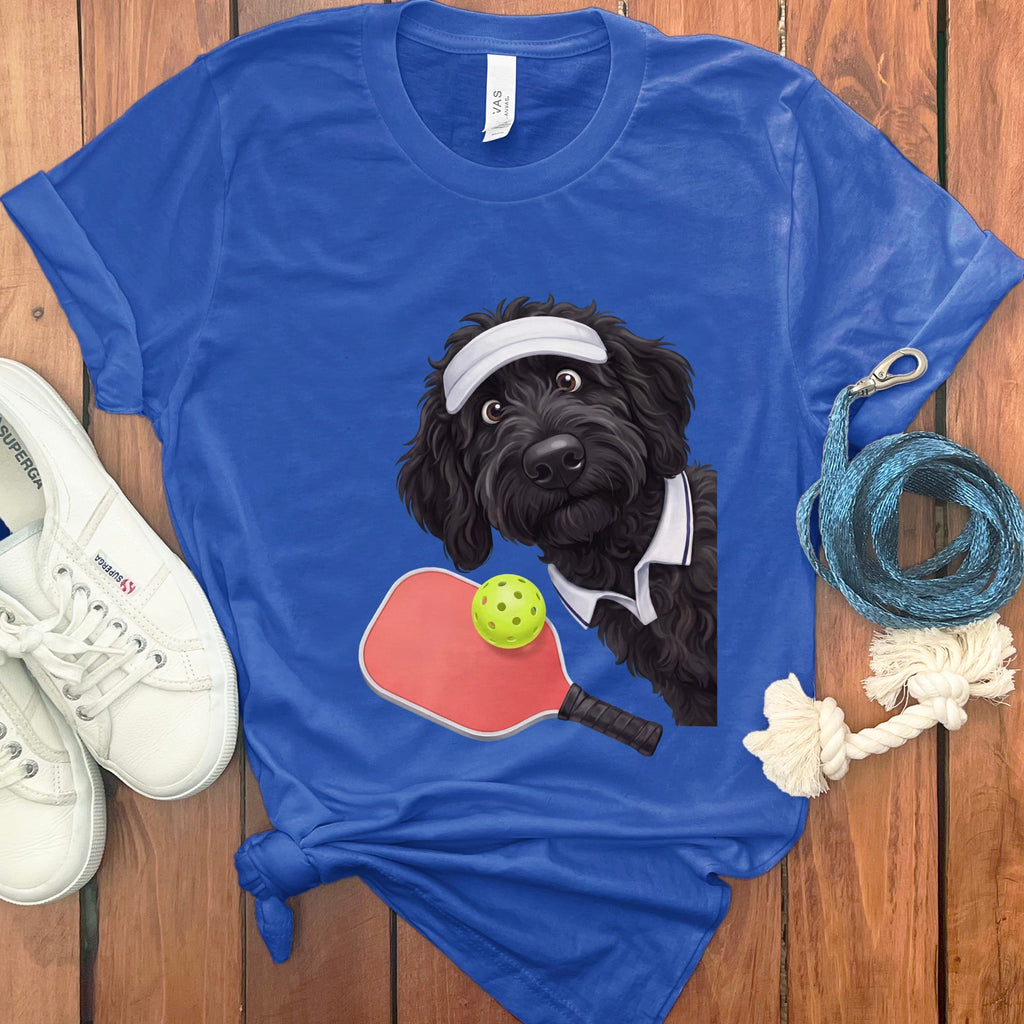 Black Goldendoodle Pickleball Player T-Shirt in True Royal / S by Puppy Jo