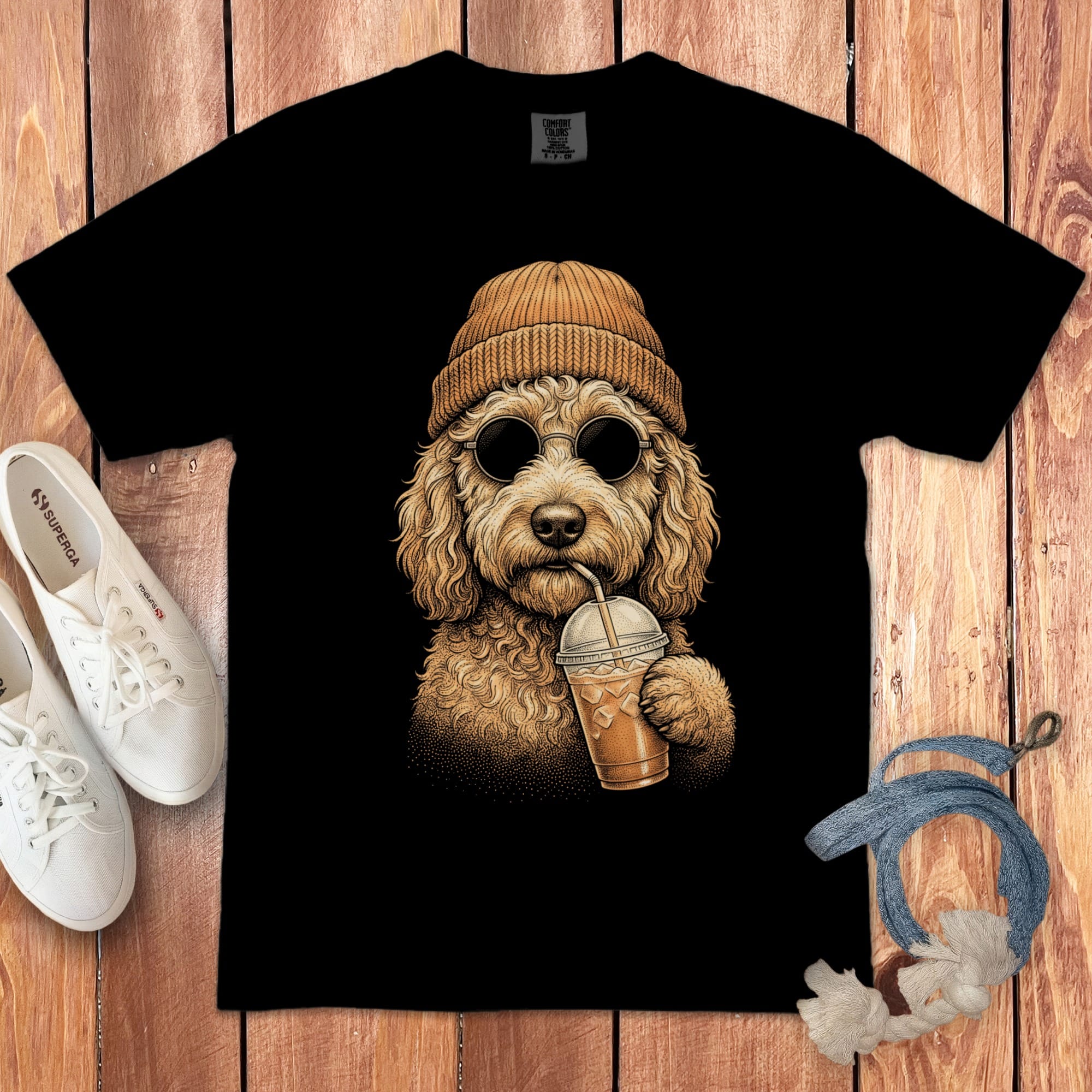 Golden Goldendoodle Ice Latte Signature T-Shirt in Black / S by Puppy Jo