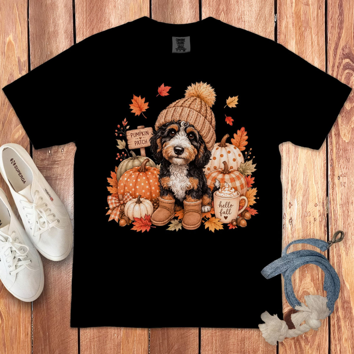 Bernedoodle Pumpkin Patch Signature T-Shirt in Black / S by Puppy Jo