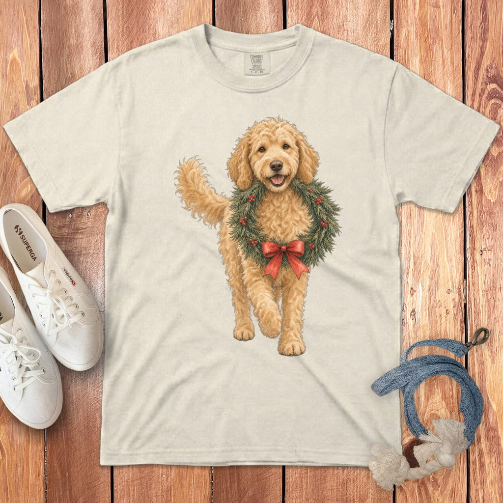 Golden Goldendoodle Wreath Signature T-Shirt in Ivory / S by Puppy Jo