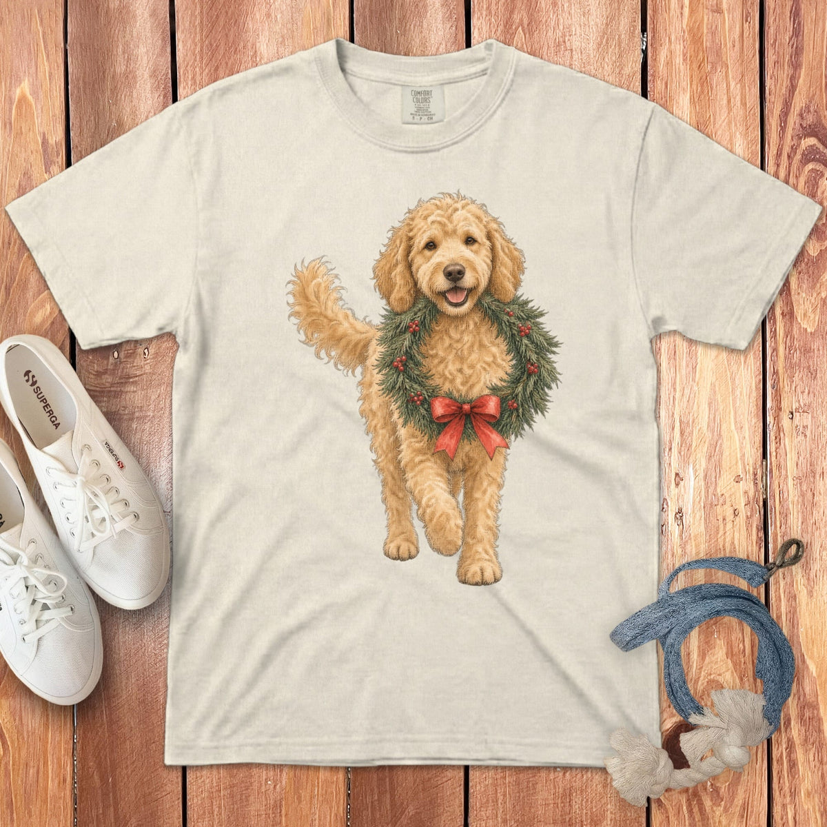 Golden Goldendoodle Wreath Signature T-Shirt in Ivory / S by Puppy Jo