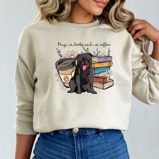 Pug Lover and Books Sweatshirt - PuppyJo Sweatshirt S / Sand