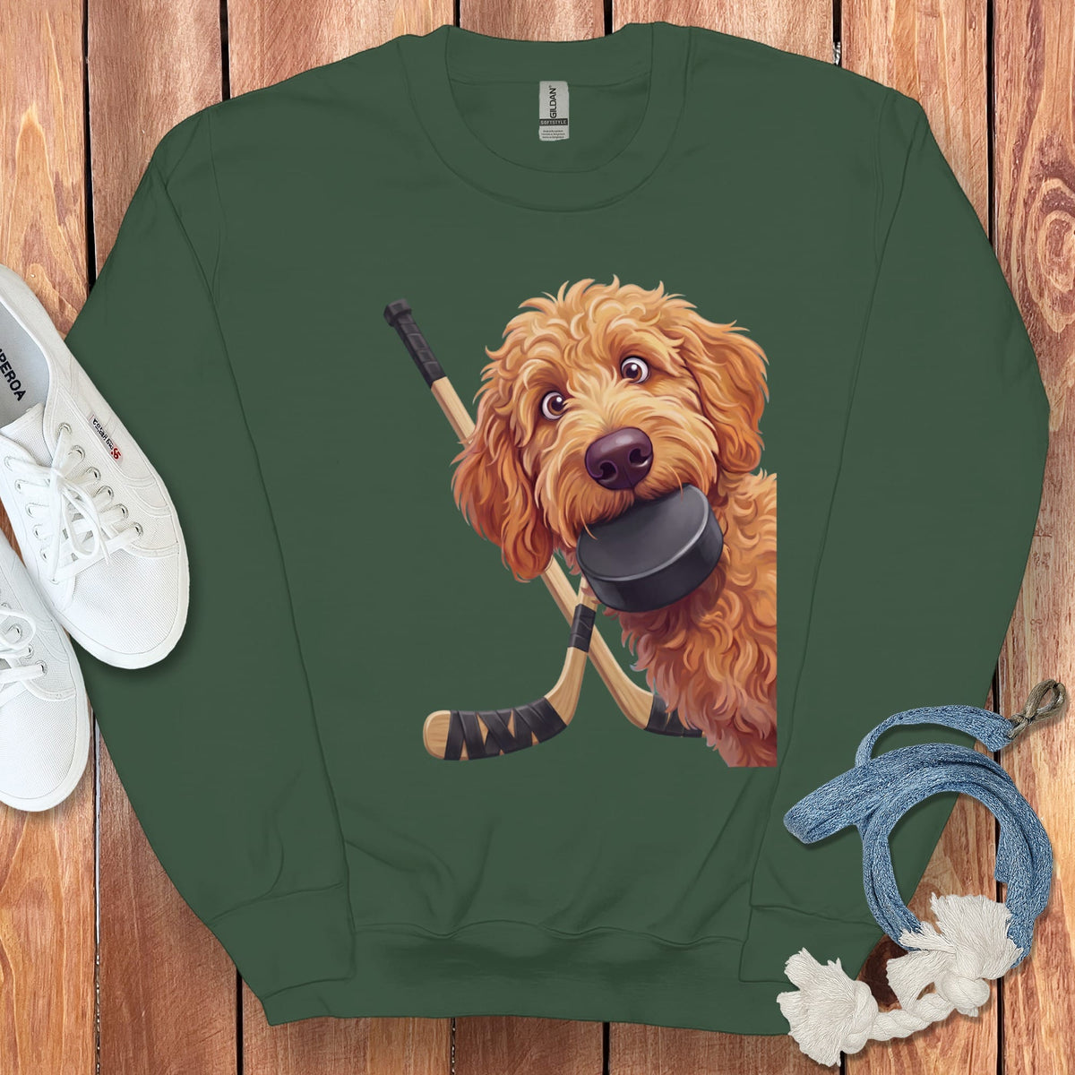 Apricot Goldendoodle Hockey Sweatshirt in Forest Green / S by Puppy Jo