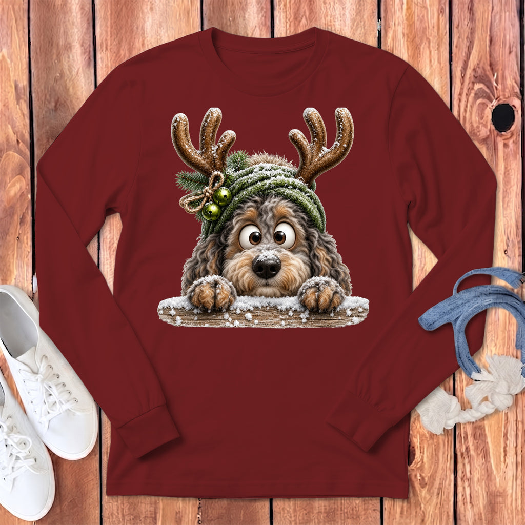 Maroon long-sleeve shirt with a Christmas-themed dog graphic wearing antlers and a hat.