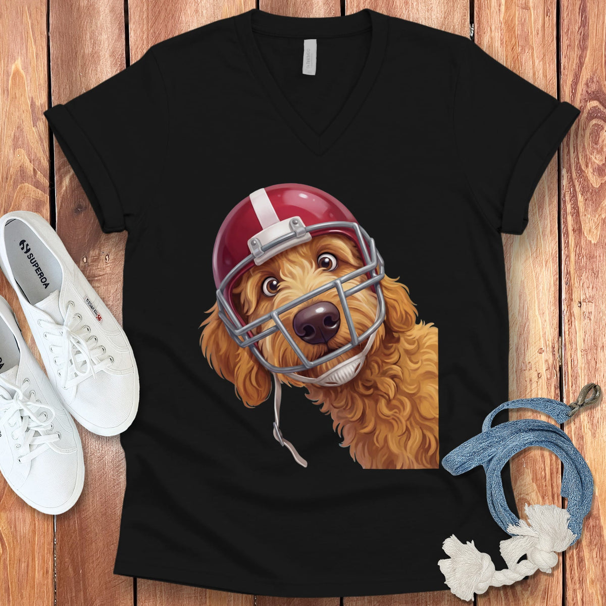 Apricot Goldendoodle Football Helmet V-Neck T-Shirt in Black / S by Puppy Jo