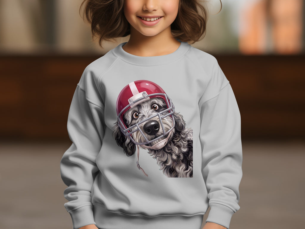 Grey sweatshirt with a doodle dog wearing a red football helmet.