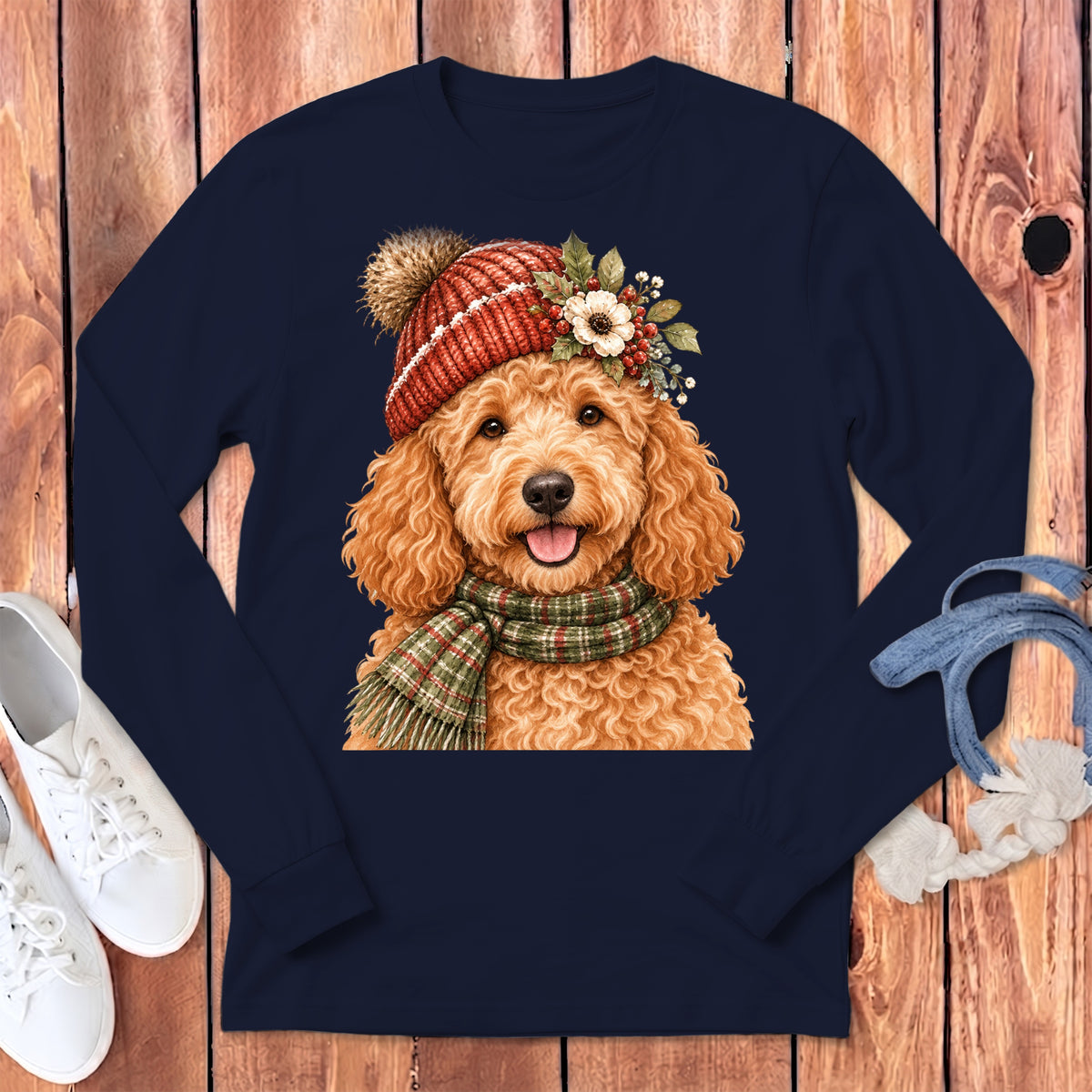 Goldendoodle wearing a red knit hat and plaid scarf with floral accents.