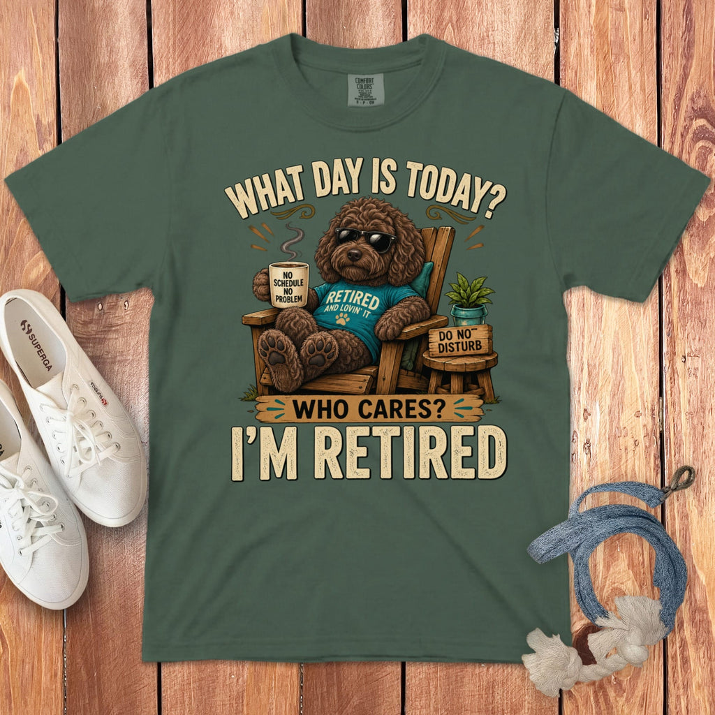 I'm Retired Chocolate Goldendoodle Signature T-Shirt in Blue Spruce / S by Puppy Jo