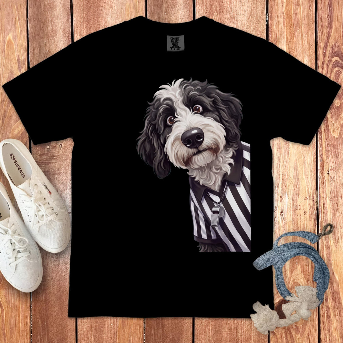 Sheepadoodle Football Referee Signature T-Shirt in Black / S by Puppy Jo