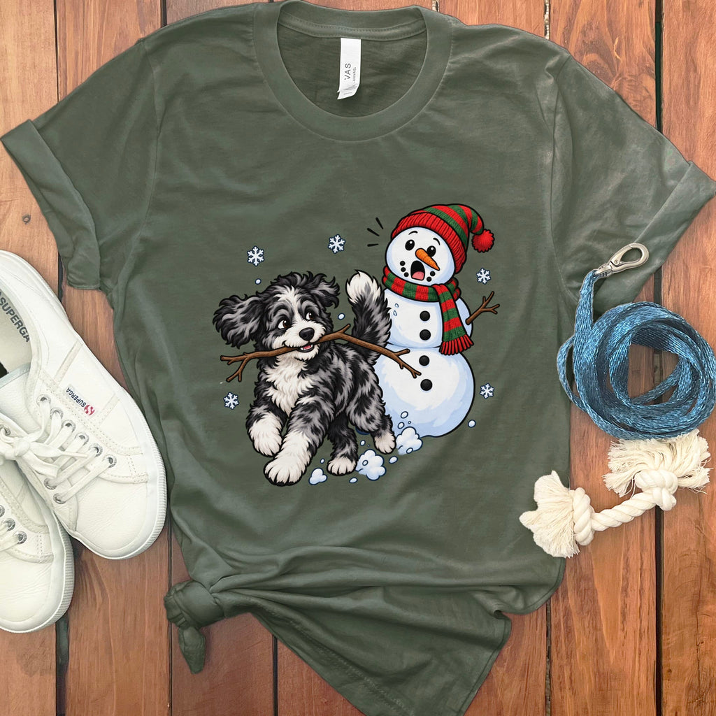 Merle Goldendoodle Snowman T-Shirt in Military Green / S by Puppy Jo