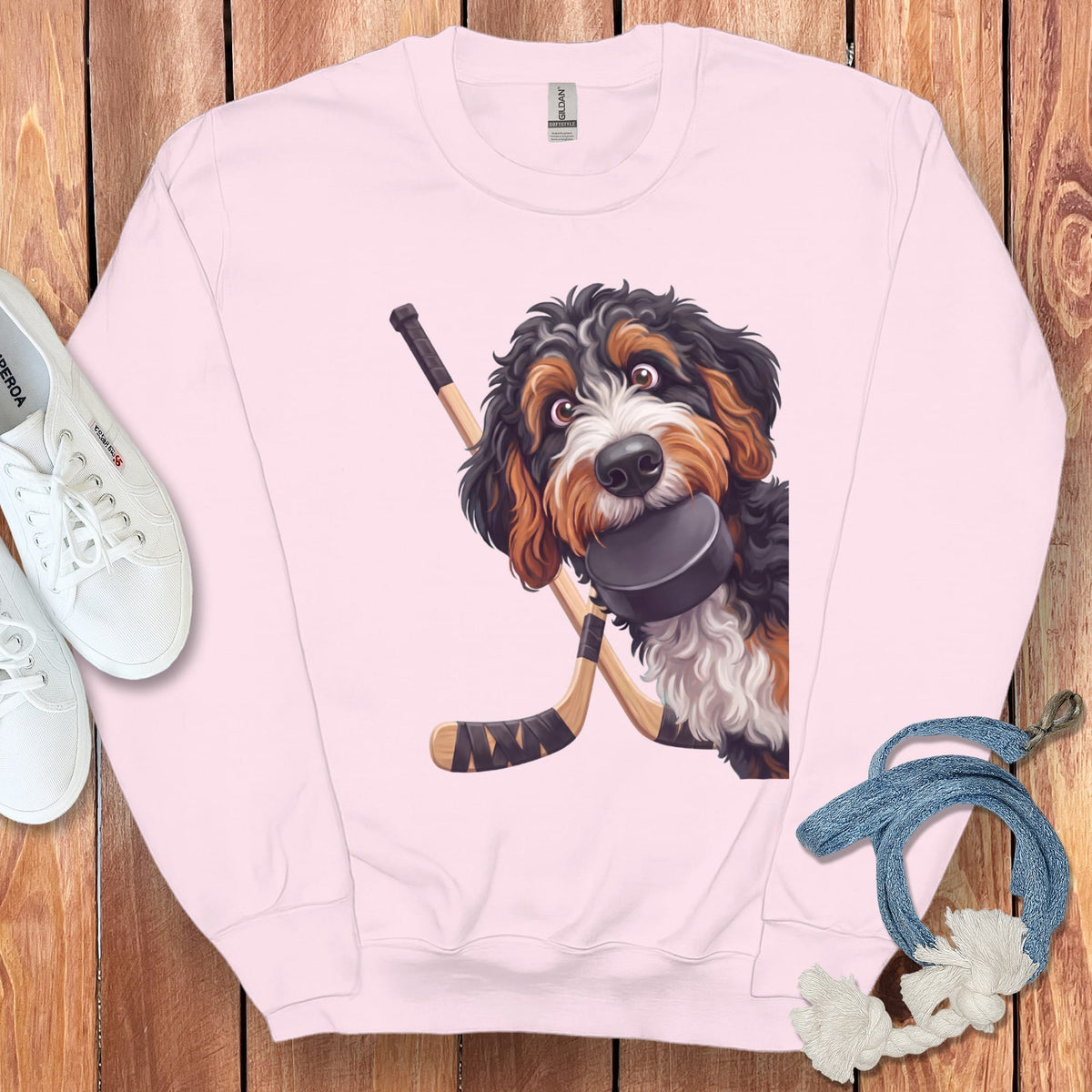 Bernedoodle Hockey Sweatshirt in Light Pink / S by Puppy Jo
