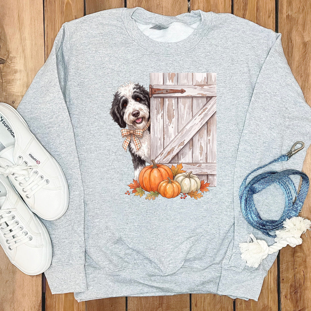 Sheepadoodle Barn Peeking Sweatshirt in Sport Grey / S by Puppy Jo