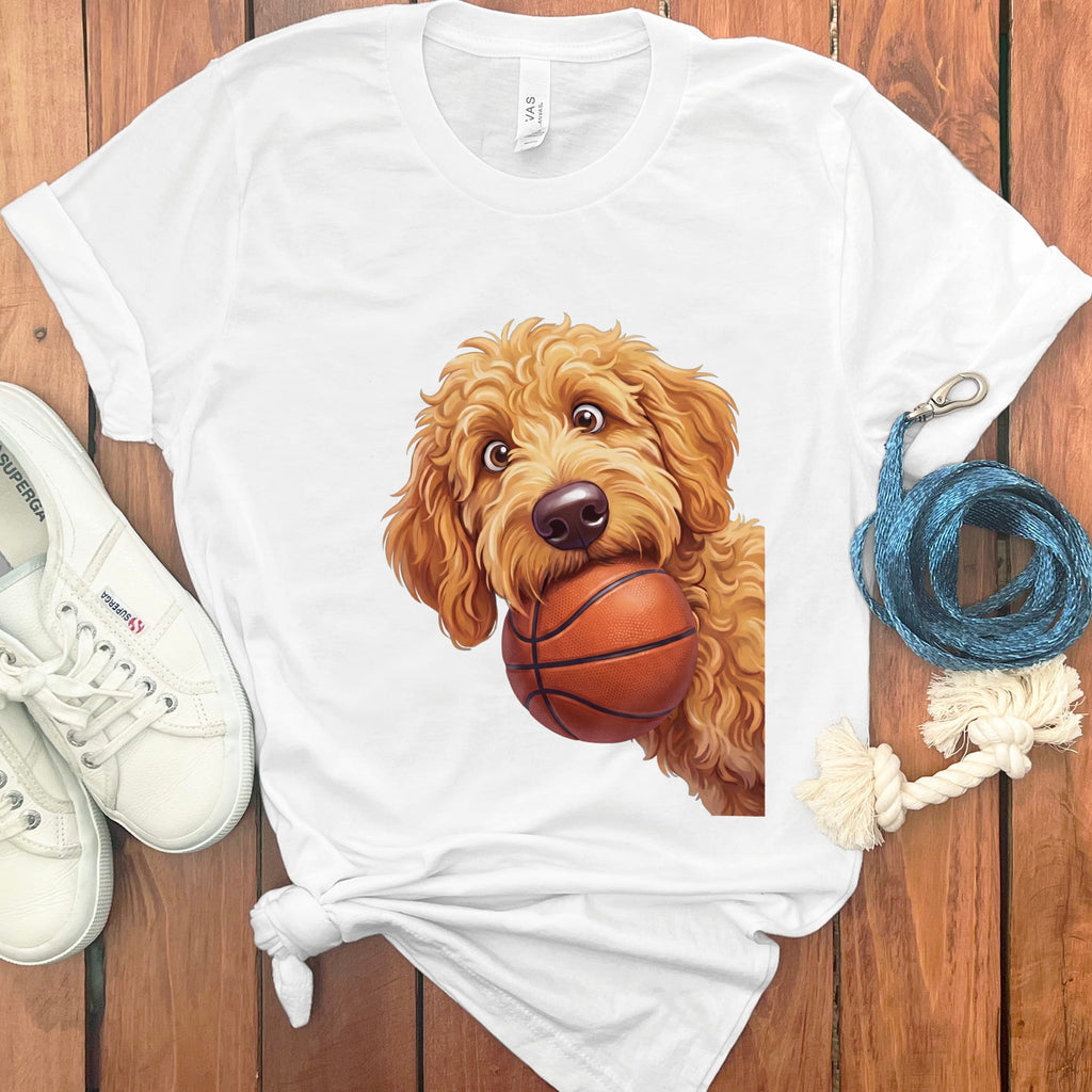 Golden Goldendoodle Basketball T-Shirt in White / S by Puppy Jo