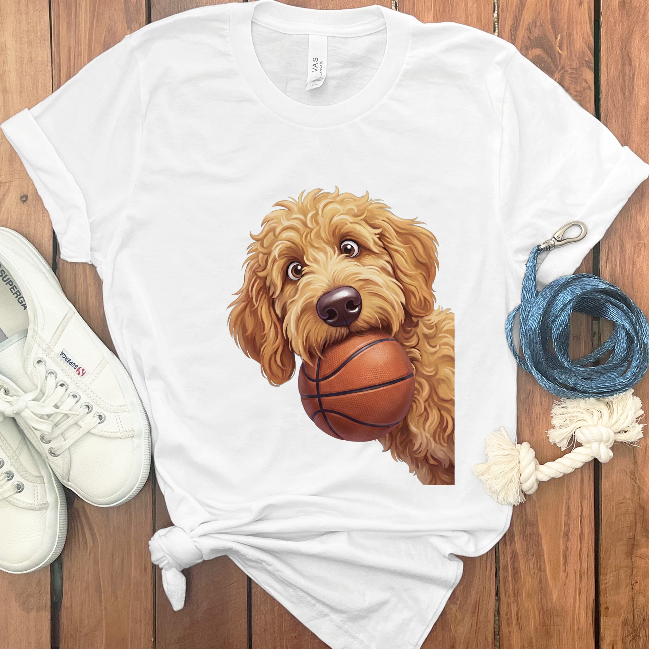 Golden Goldendoodle Basketball T-Shirt in White / S by Puppy Jo