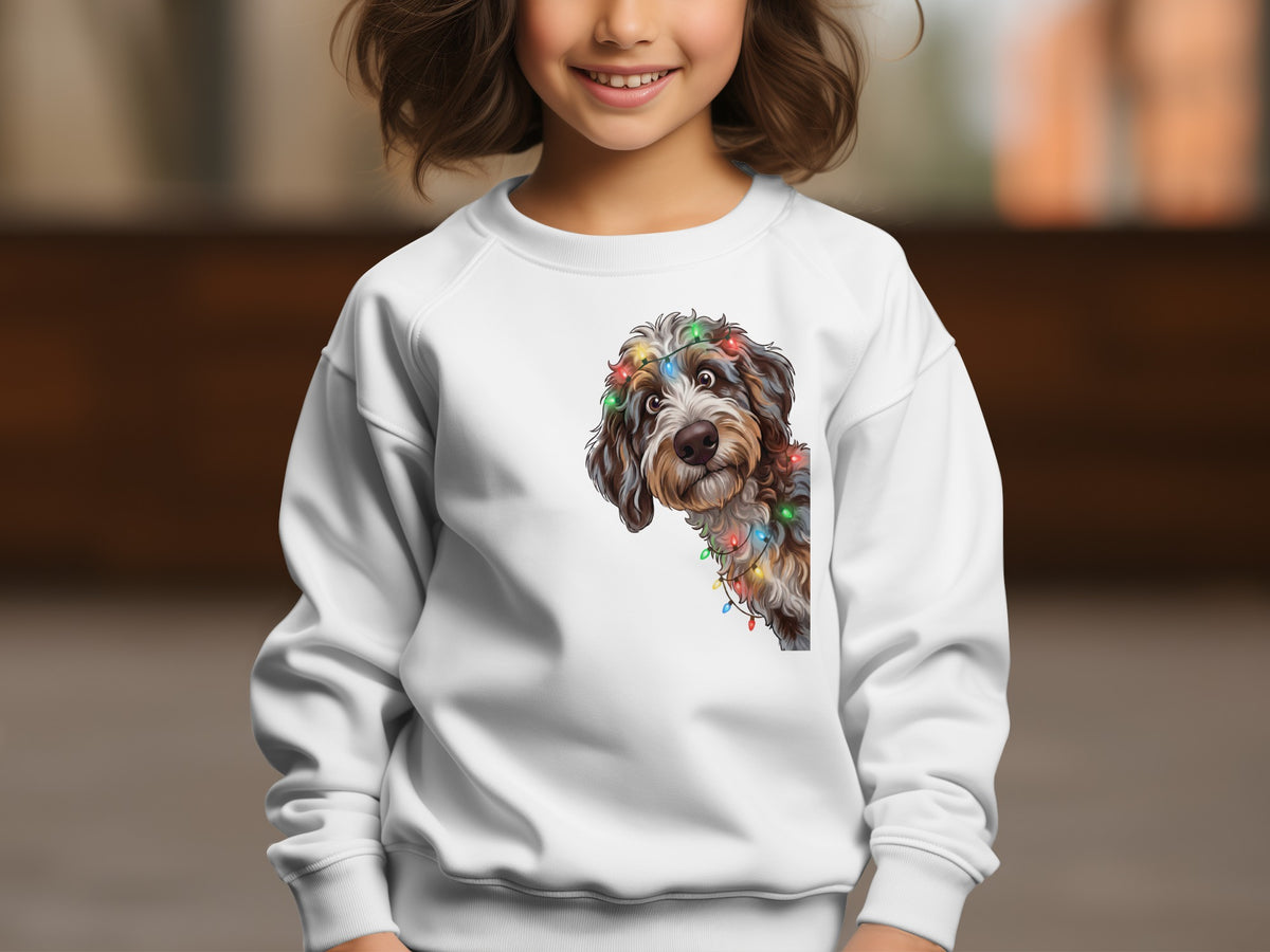White sweatshirt with cartoon dog wearing colorful Christmas lights.