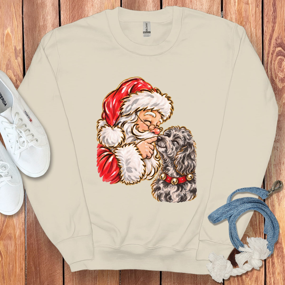 Merle Goldendoodle Santa Kiss Sweatshirt in Sand / S by Puppy Jo