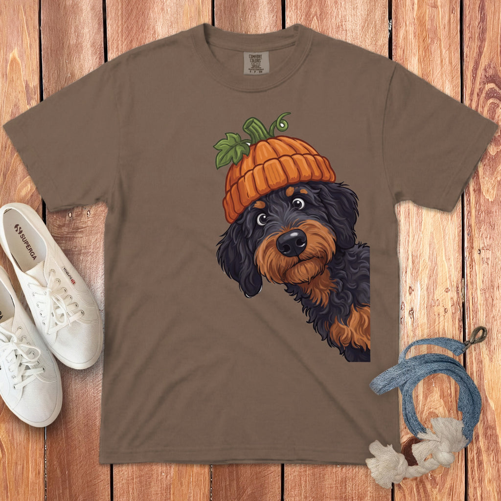Brown t-shirt with a Rottweiler wearing a pumpkin hat graphic.