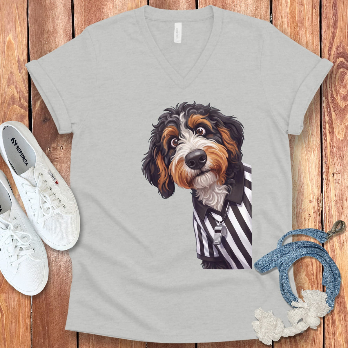 Bernedoodle Football Referee V-Neck T-Shirt in Athletic Heather / S by Puppy Jo