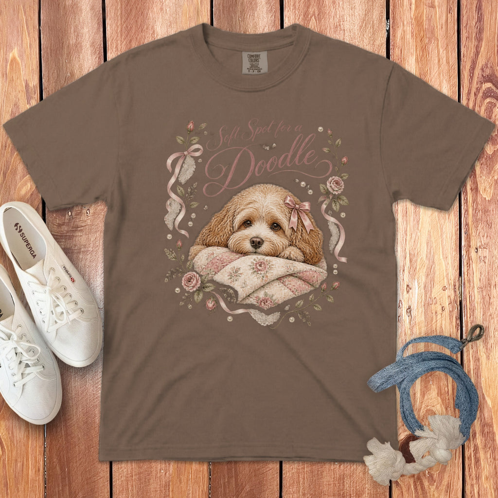 Brown t-shirt with a doodle dog illustration and text "Soft Spot for a Doodle".