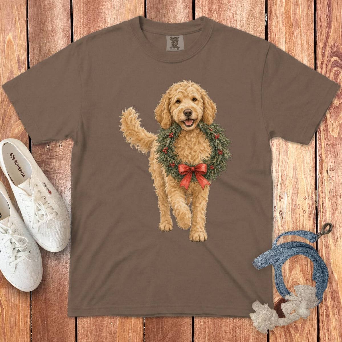 Golden Goldendoodle Wreath Signature T-Shirt in Espresso / S by Puppy Jo