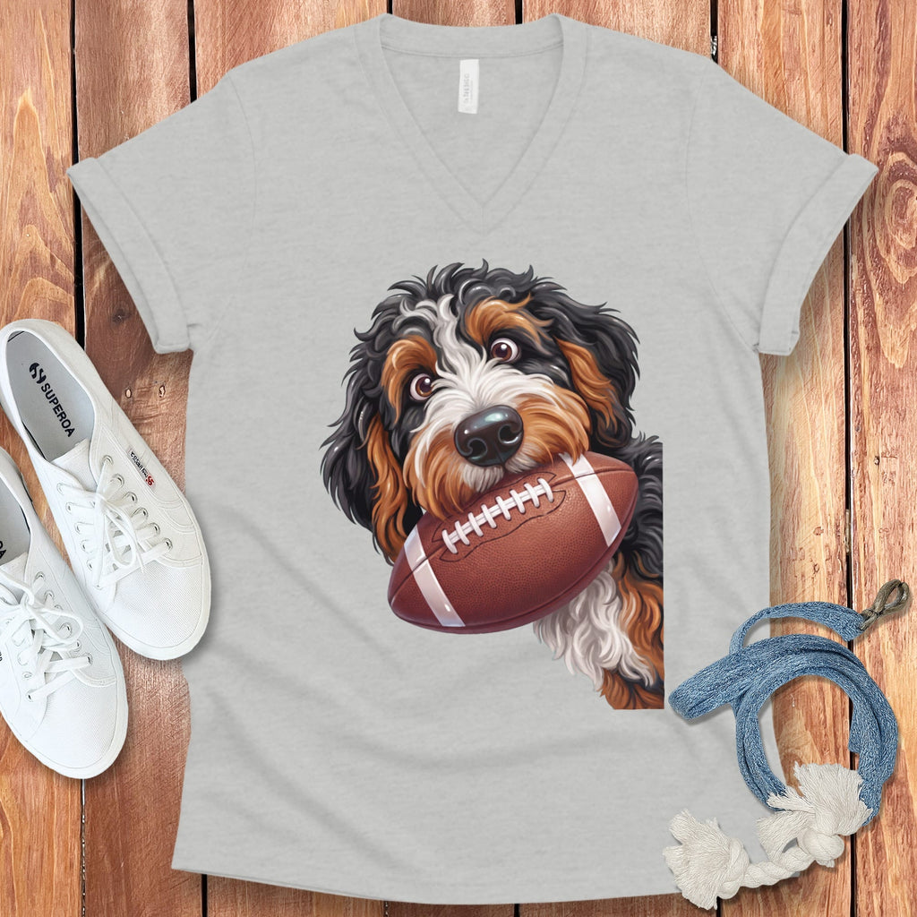 Bernedoodle Football V-Neck T-Shirt in Athletic Heather / S by Puppy Jo