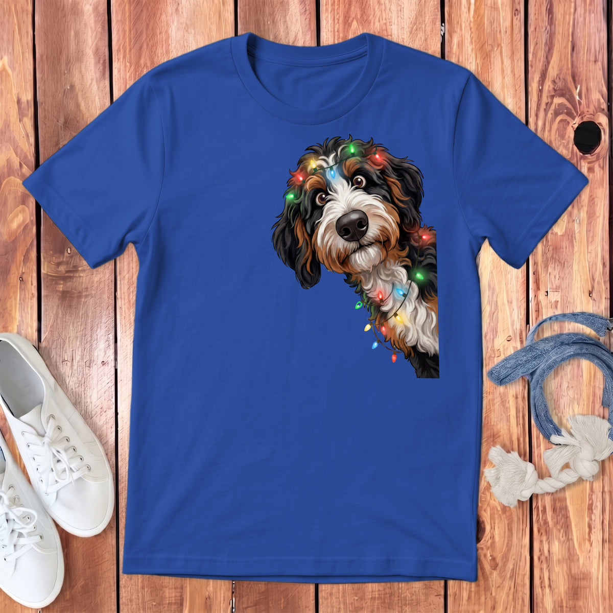 Bernese Mountain Dog with colorful Christmas lights on a blue t-shirt.