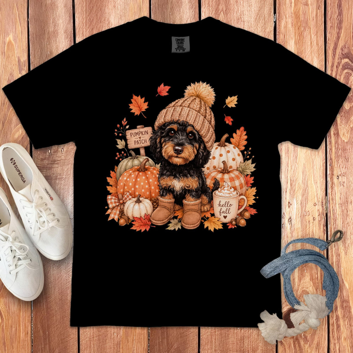 Phantom Goldendoodle Pumpkin Patch Signature T-Shirt in Black / S by Puppy Jo