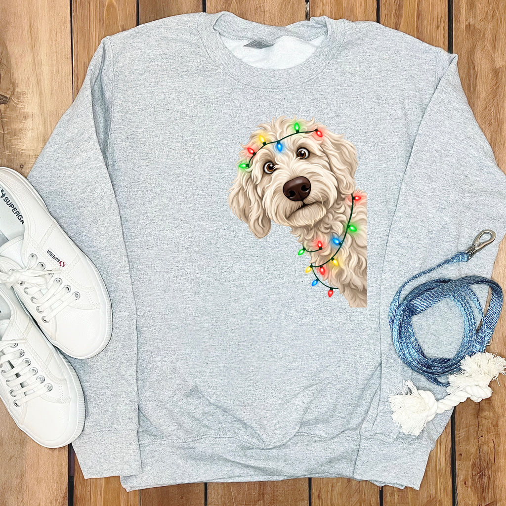 Light gray sweatshirt with a doodle dog wearing colorful Christmas lights.