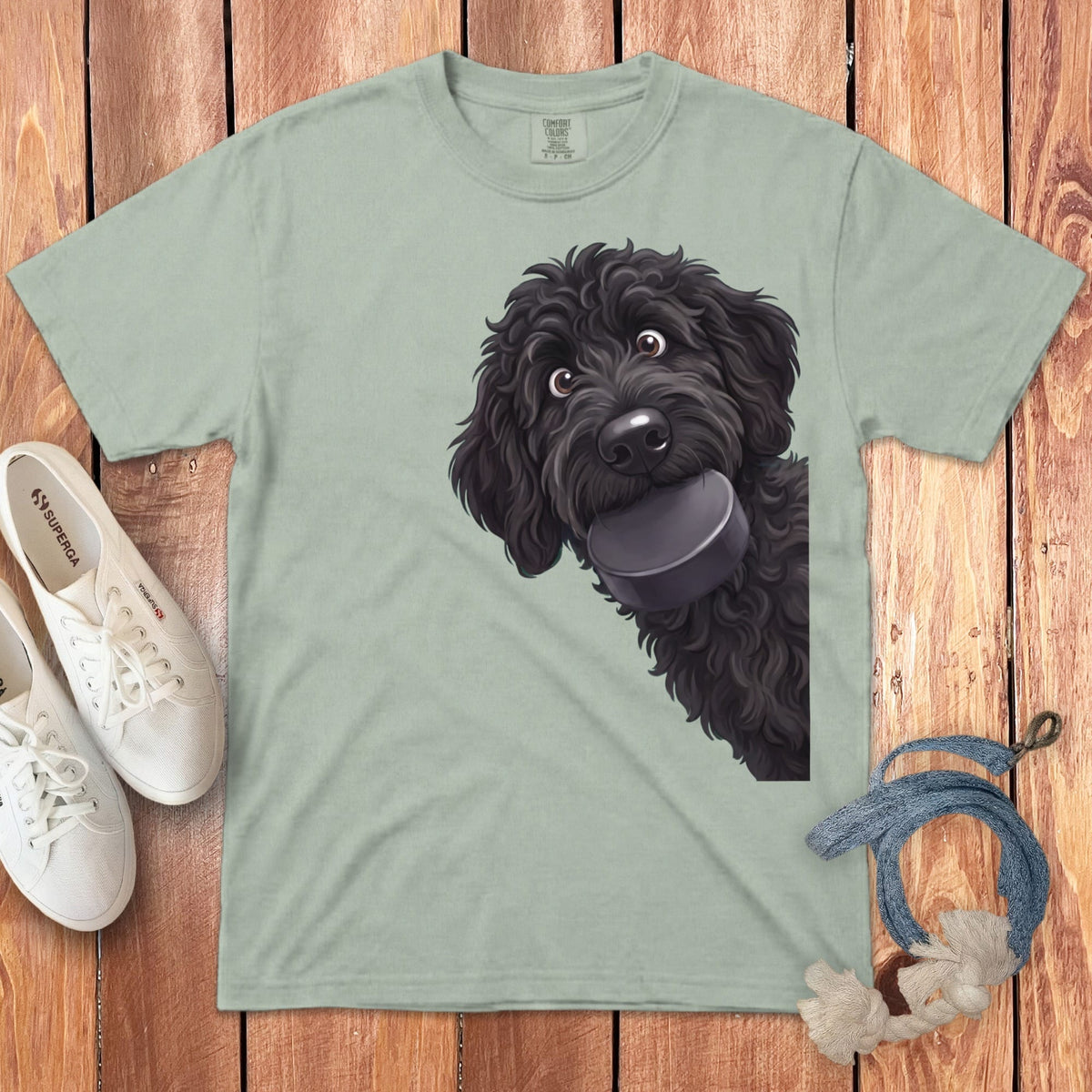 Black Goldendoodle Hockey Puck Signature T-Shirt in Bay / S by Puppy Jo