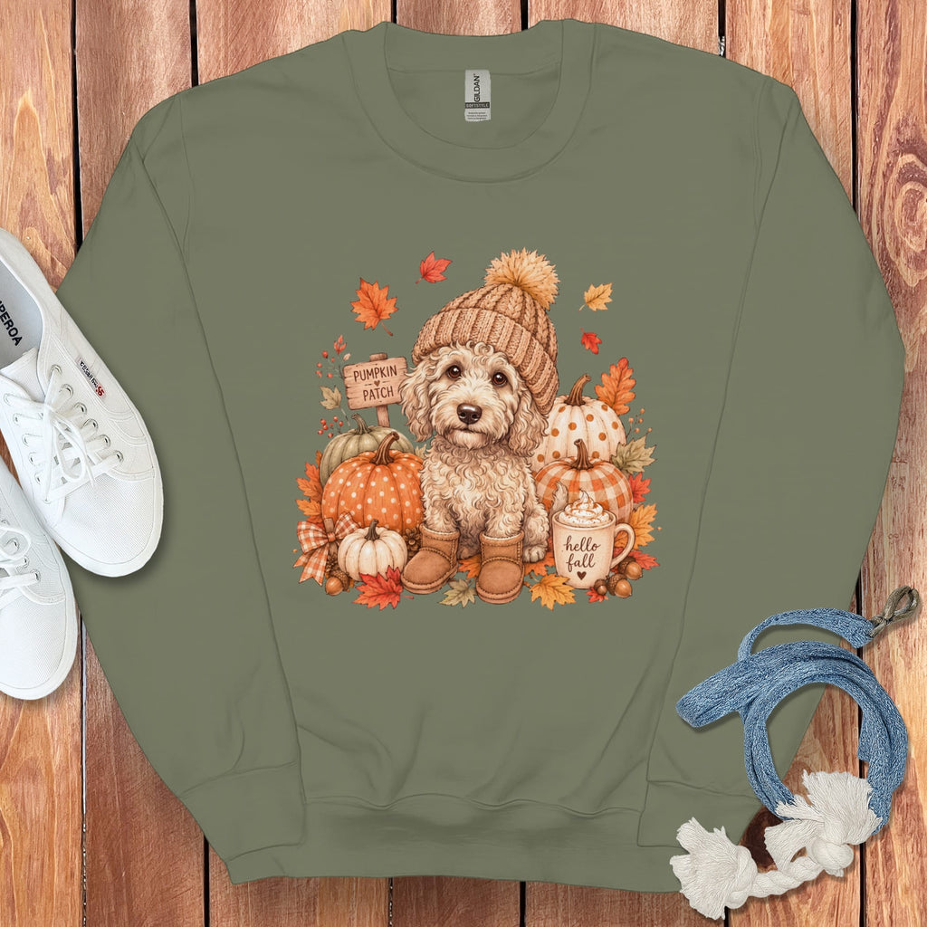 Cream Goldendoodle Pumpkin Patch Sweatshirt in Military Green / S by Puppy Jo
