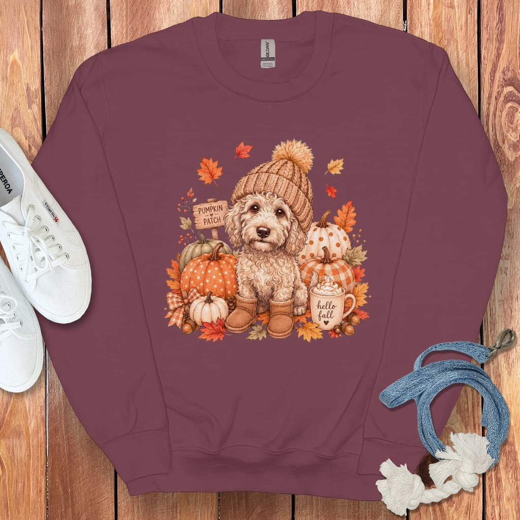 Cream Goldendoodle Pumpkin Patch Sweatshirt in Maroon / S by Puppy Jo