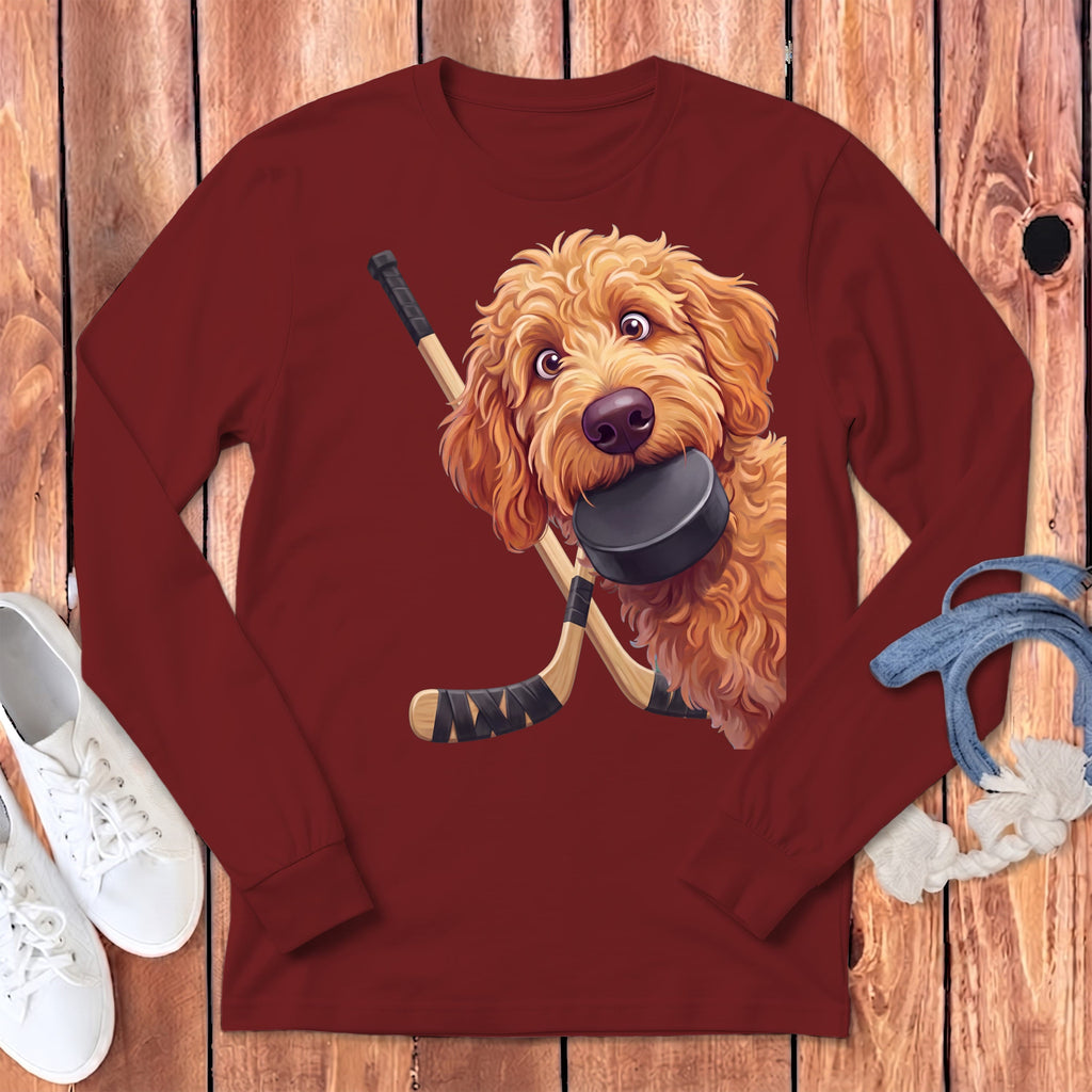 Apricot Goldendoodle Hockey Long Sleeve T-Shirt in Cardinal / S by Puppy Jo