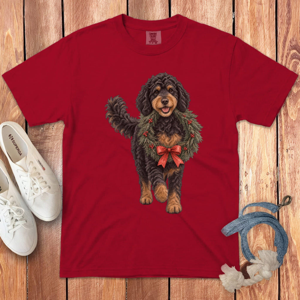 Phantom Goldendoodle Wreath Signature T-Shirt in Red / S by Puppy Jo