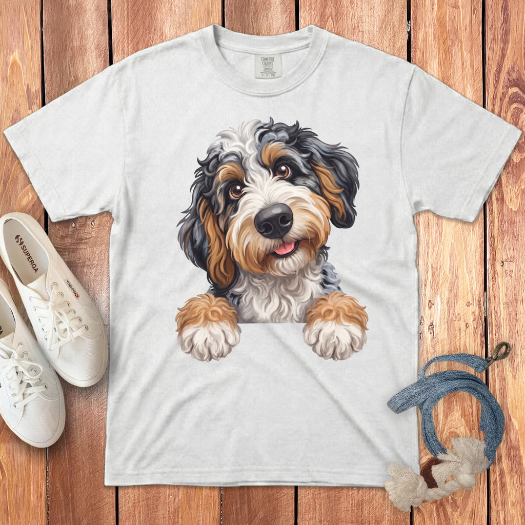 White t-shirt with a Bernedoodle dog illustration and Superga shoes.