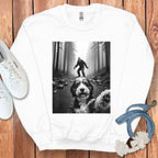 Bigfoot and Dog Forest Selfie on White Sweatshirt