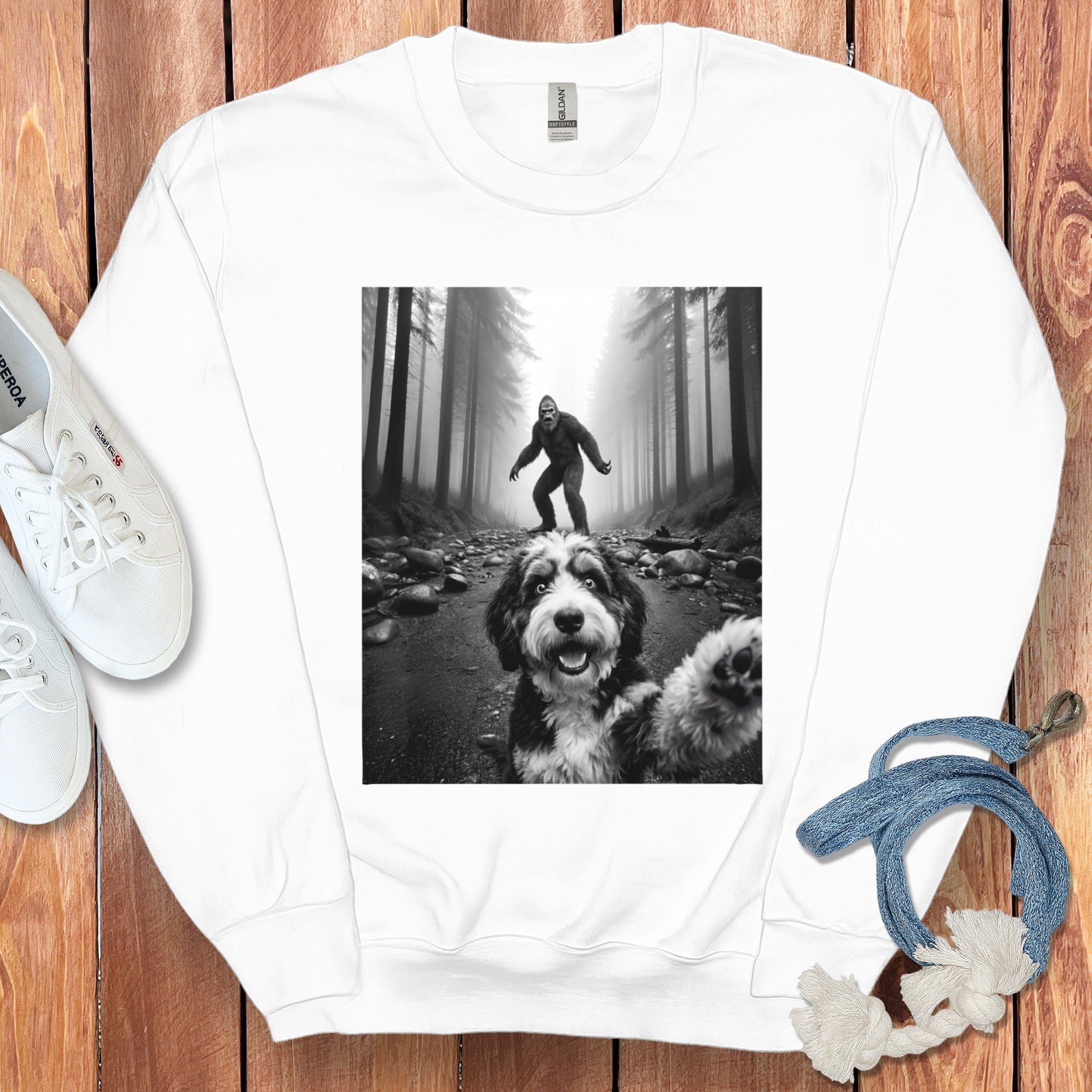 Bigfoot and Dog Forest Selfie on White Sweatshirt