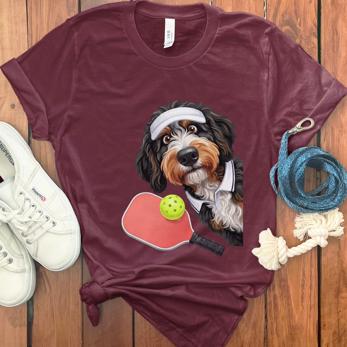 Bernedoodle Pickleball Player T-Shirt in Maroon / S by Puppy Jo