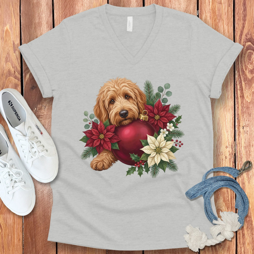 Apricot Goldendoodle Holiday Cheer V-Neck T-Shirt in Athletic Heather / S by Puppy Jo