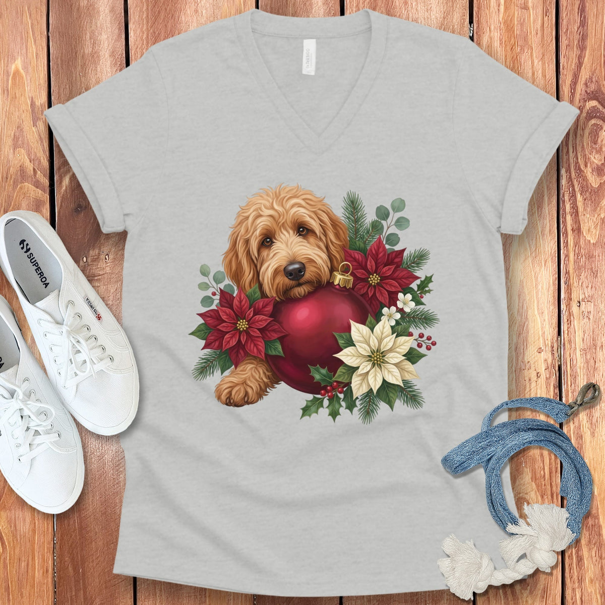 Apricot Goldendoodle Holiday Cheer V-Neck T-Shirt in Athletic Heather / S by Puppy Jo
