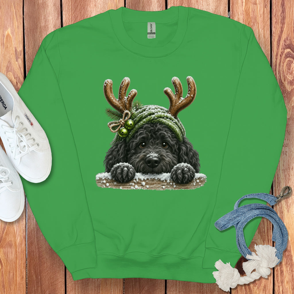 Green sweatshirt with illustration of a black dog wearing reindeer antlers and a Santa hat.