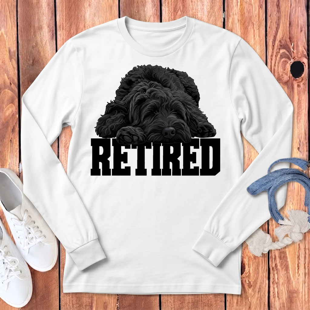Retired Sleeping Black Goldendoodle Long Sleeve T-Shirt in White / S by Puppy Jo
